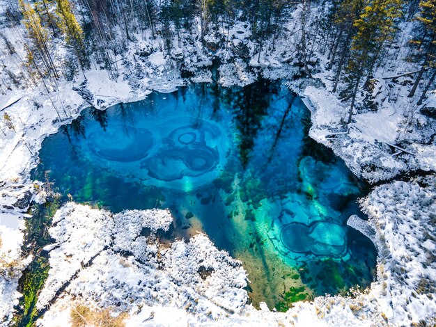 Lago termal turquesa no distrito de Ulagan perto da aldeia de Aktash Altai Republic vista aérea