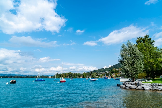 Foto lago thun con montaña en suiza