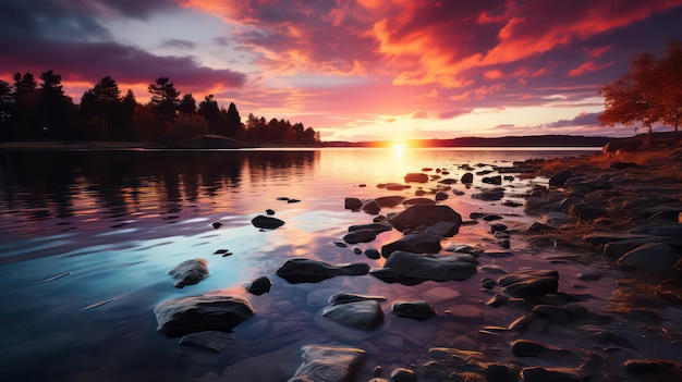 Un lago tranquilo con un atardecer reflejado que refleja la puesta de sol
