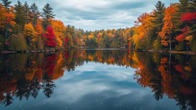 Lago tranquilo cercado por densas florestas antigas que refletem as cores mudantes das folhas de outono