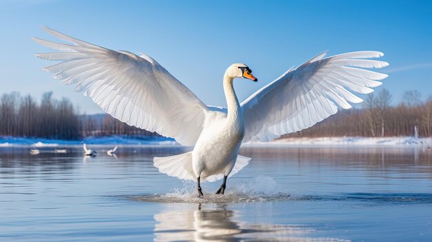 En un lago tranquilo un cisne se mueve en una actitud noble sus espejos de plumaje blanco como la nieve