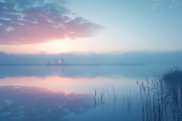 Un lago tranquilo con una hermosa puesta de sol rosa y naranja en el fondo