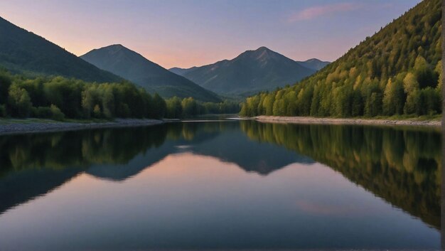 Un lago tranquilo que refleja las montañas y el cielo al anochecer