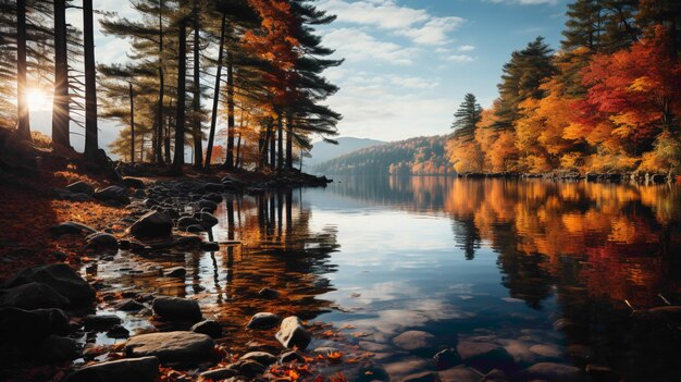 Foto un lago tranquilo rodeado de un denso bosque con el reflejo del follaje de otoño creando una doble imagen de los ricos rojos amarillos y verdes