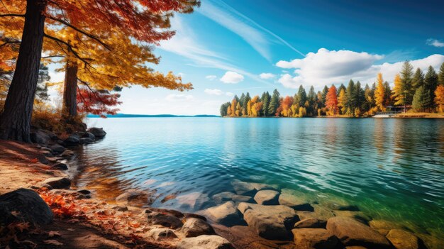 Foto lago tranquilo rodeado de vibrante follaje otoñal