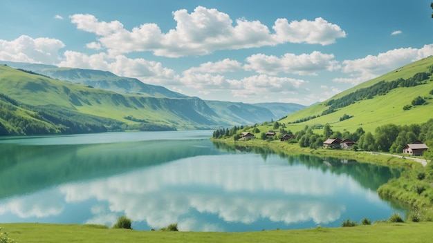 Lago transparente gigante rodeado de colinas y bosques