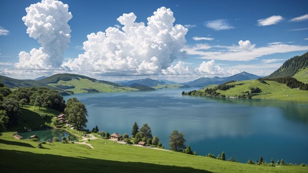 Lago transparente gigante rodeado de colinas y bosques