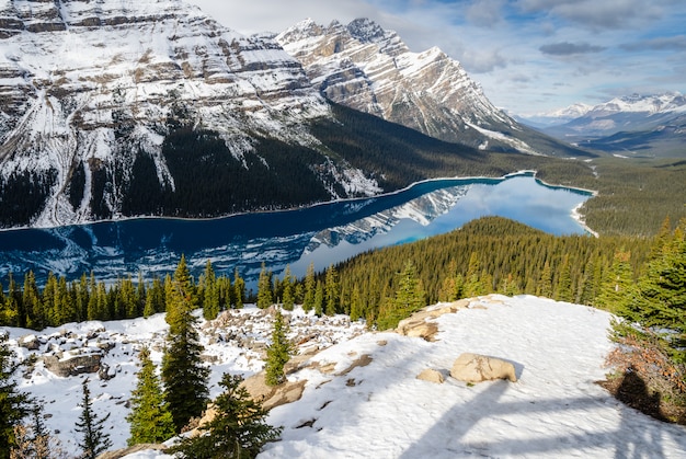 Lago turquesa Peyto com reflexão do canadense Rocky Mountain em Alberta, Canadá.