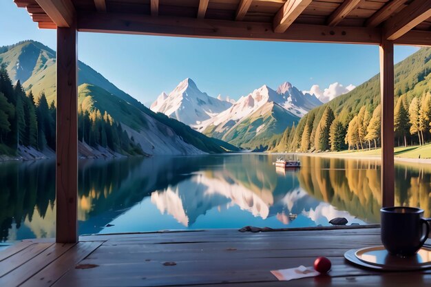 Foto un lago con vista a las montañas.