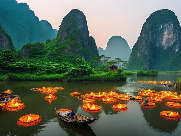 Lagoa cheia de flores de lótus bambu