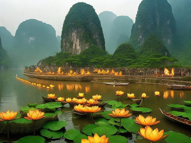 Lagoa cheia de flores de lótus bambu