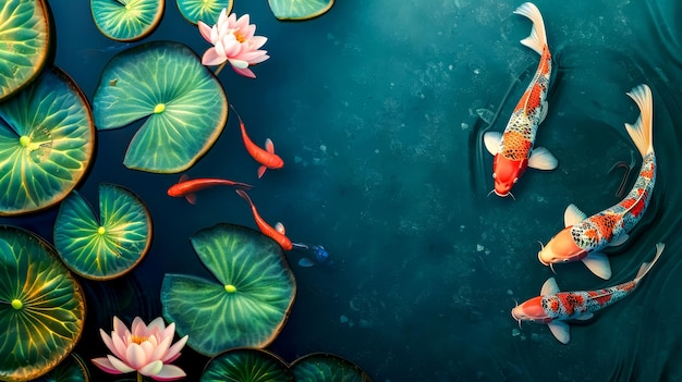 Lagoa de koi serena com lotos em flor