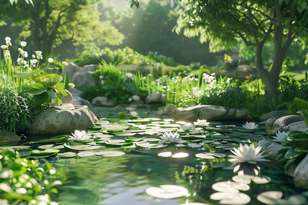 Lagoa de lótus tranquila num jardim pacífico