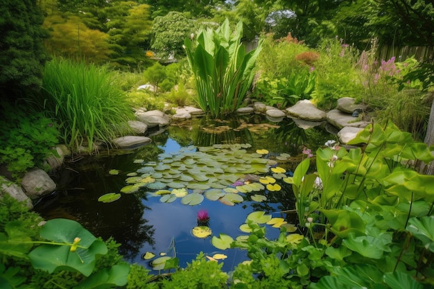 Lagoa de quintal cercada por uma vegetação luxuriante com nenúfares e libélulas