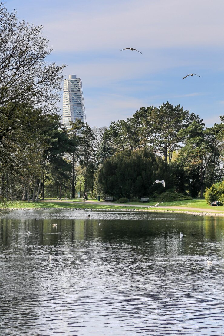 Foto lagoa do parque slottsparken e panorama da torre do torso malmo suécia