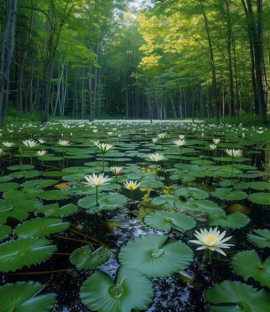 Lagoa mística numa densa floresta verde com lotos em flor