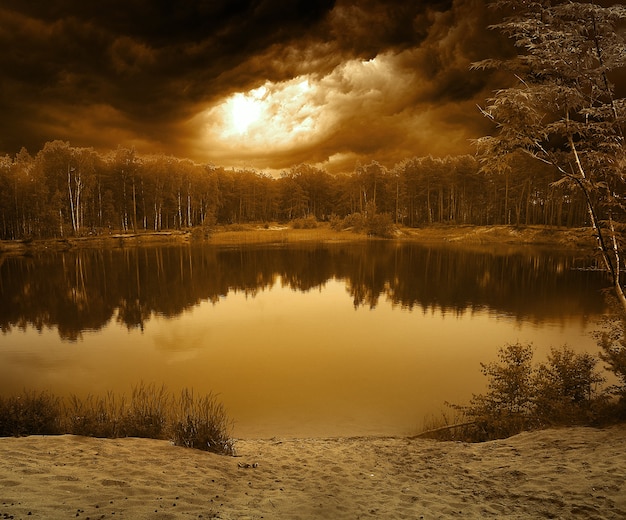 Lagoa na floresta com céu tempestuoso