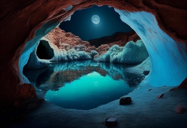 Lagoa sob a luz da lua em uma caverna gerada pela IA