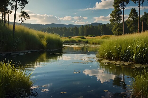 Lagoa tranquila em paisagem de desenho animado Grama alta