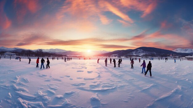 Lagoes congelados patinadores de gelo e esportes de inverno fundo