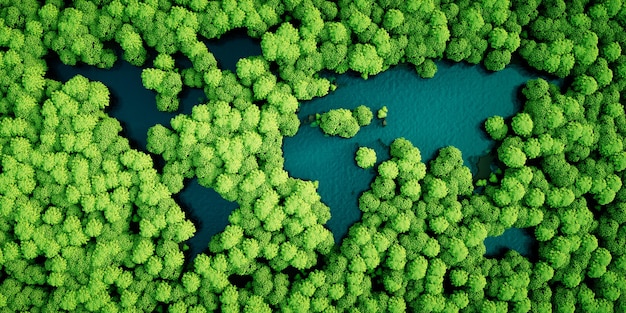 Lagos de floresta tropical na forma de continentes mundiais. Conceito de desenvolvimento sustentável amigo do ambiente. Ilustração 3D.
