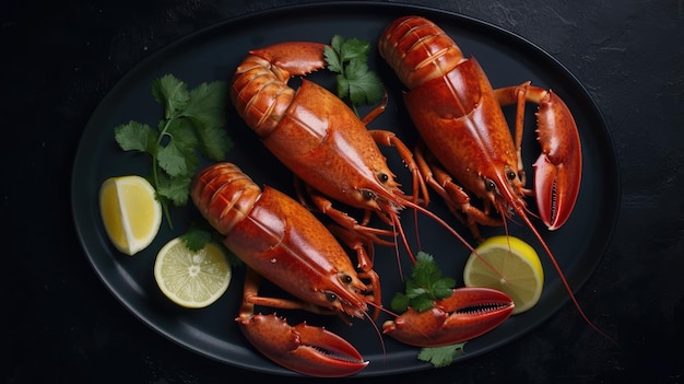 Lagosta cozida com limão e salsa em um prato preto sobre uma mesa de madeira