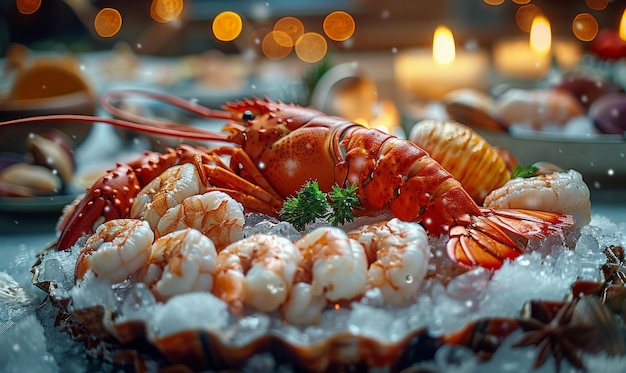 Lagosta e camarão no gelo num restaurante de frutos do mar