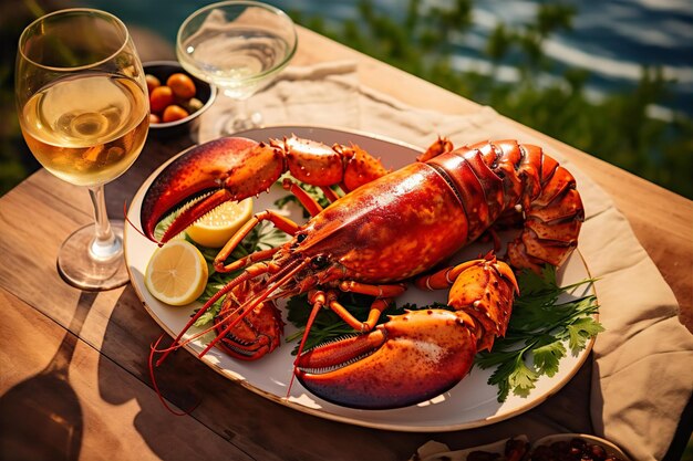 Foto lagosta grelhada com bebida para o almoço na mesa de madeira com vista para a praia em fundo