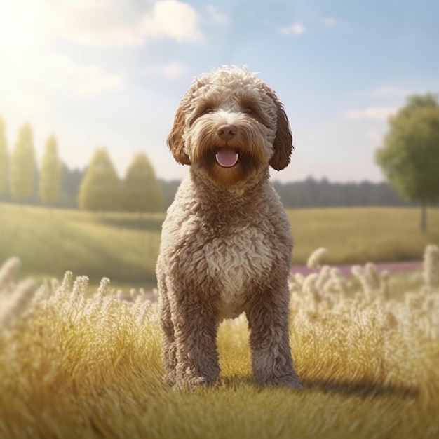 Lagotto romagnolo perro de pie en un campo soleado vista delantera IA generativa