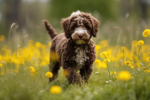 Lagotto romagnolo spazieren im Park im Sommer und schauen in die Kamera