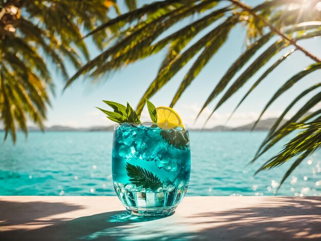 Laguna azul cóctel en el fondo de la hoja de palma marina