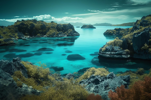 Una laguna azul con rocas y un océano azul al fondo.