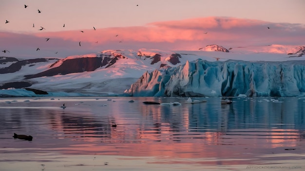 Laguna da geleira de Jokulsarlon ao pôr-do-sol na Islândia