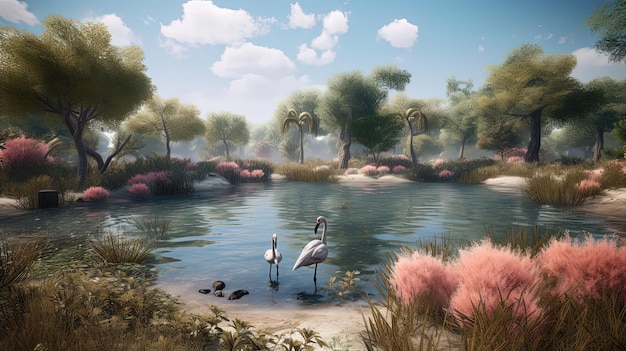 La laguna de flamencos con un área de anidación en una isla es una exhibición única que ofrece a los visitantes un vistazo a la vida de estas elegantes aves y su hábitat natural Generado por A