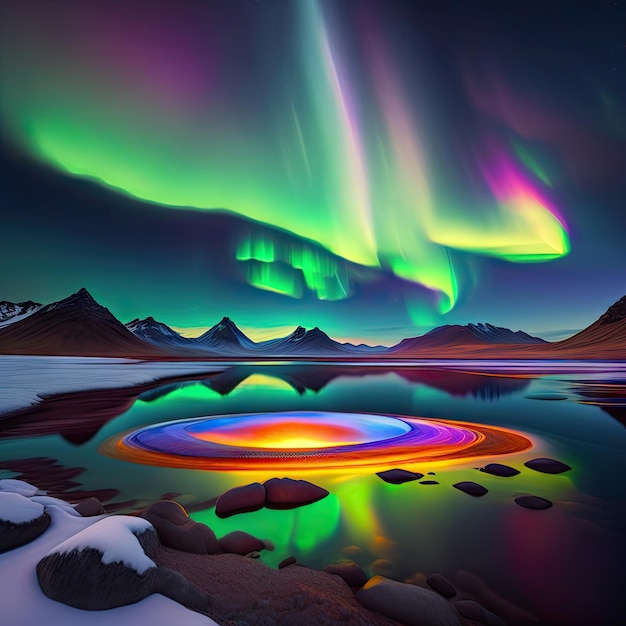 Laguna glacial en Islandia bajo la aurora boreal Cielo nocturno con aurora y sol poniente