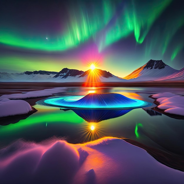 Laguna glacial en Islandia bajo la aurora boreal Cielo nocturno con aurora y sol poniente