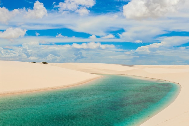 Laguna de lluvia turquesa entre dunas