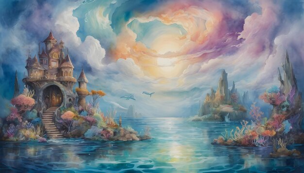 La laguna de la sirena mágica acuarela fantasía pintura del mar con nubes caprichosas