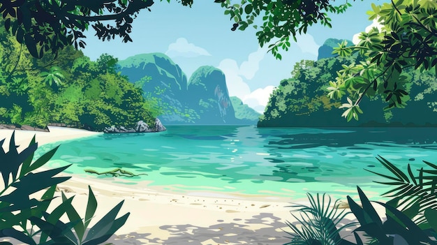 Una laguna tropical con aguas cristalinas y una playa de arena dibujos animados a color plano