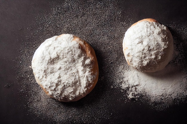 Laib gebackenes Brot in Weizenmehl auf schwarzem Hintergrund