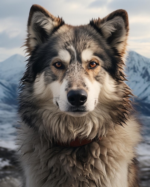 Laika de Siberia Oriental Razas de perros mirando hacia adelante cara delantera fondo montaña de nieve Foto generada por IA