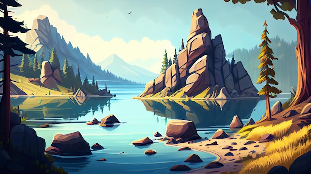 Lake 2D-Hintergrundumgebung für ein mobiles Spiel Eine hochwertige horizontale Hintergrundlandschaft Designstandort für Spielvorlagen Generative KI