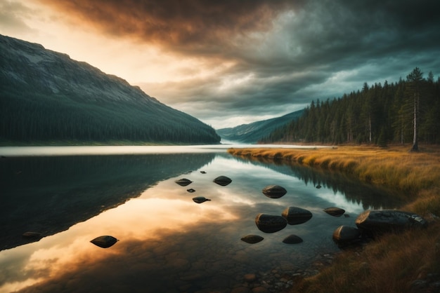 Foto lake in the forest at sunrise dramatic and picturesque scene