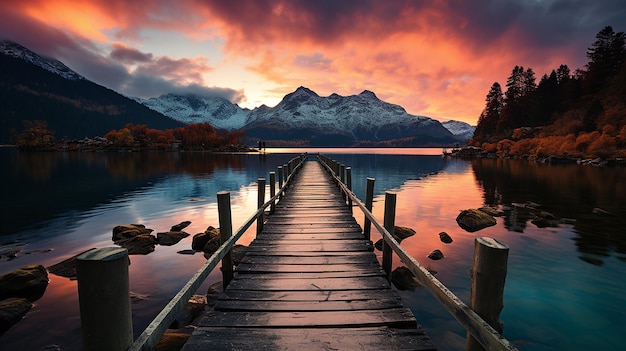 Foto lake pier com montanhas ao fundo