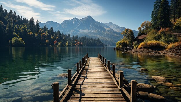 Lake Pier com montanhas ao fundo