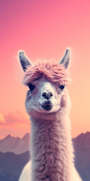 Foto lama con el cabello rosa largo frente al digitalismo conceptual del atardecer