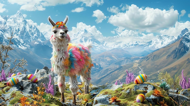 Lama esponjosa con una corona de flores de pie en la ladera rocosa de una montaña huevos de Pascua de colores están esparcidos por todas partes