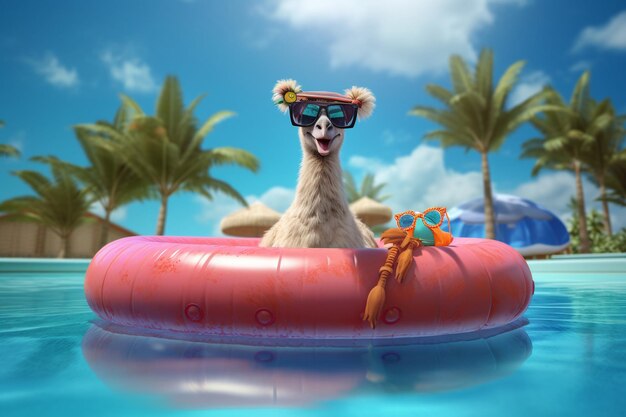 Lama con gafas de sol en un flotador nadando en la piscina