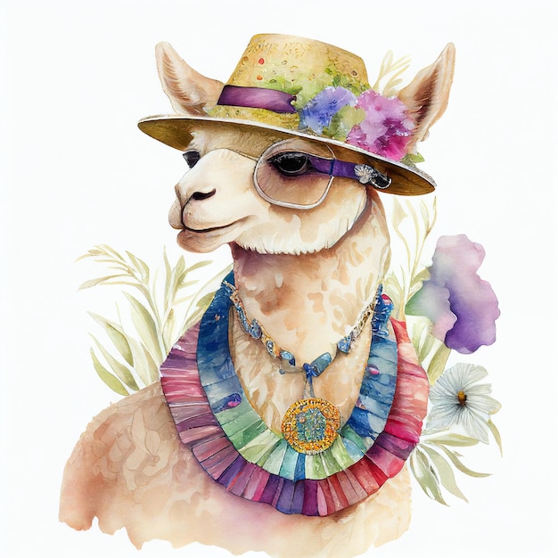 Lama-Porträt mit Brille und Hut, Aquarellmalerei, generative KI