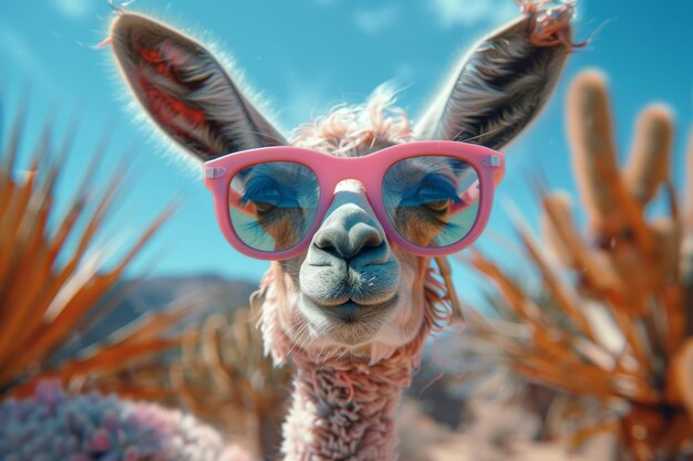 Lama usando óculos de sol cor-de-rosa no deserto